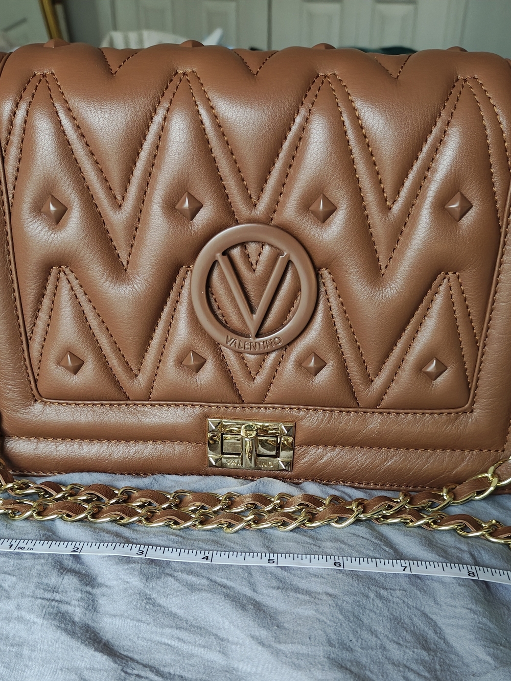 Mario Valentino Tan Quilted Leather Chain Shoulder Bag